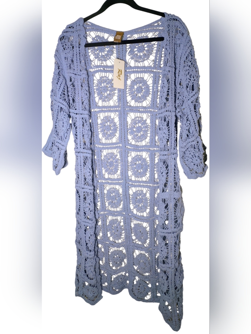 NWT Raj Dusty Blue Crochet Tie-Front Maxi Duster